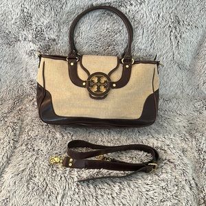 Tory Burch Tan Canvas and Brown Leather Bag
